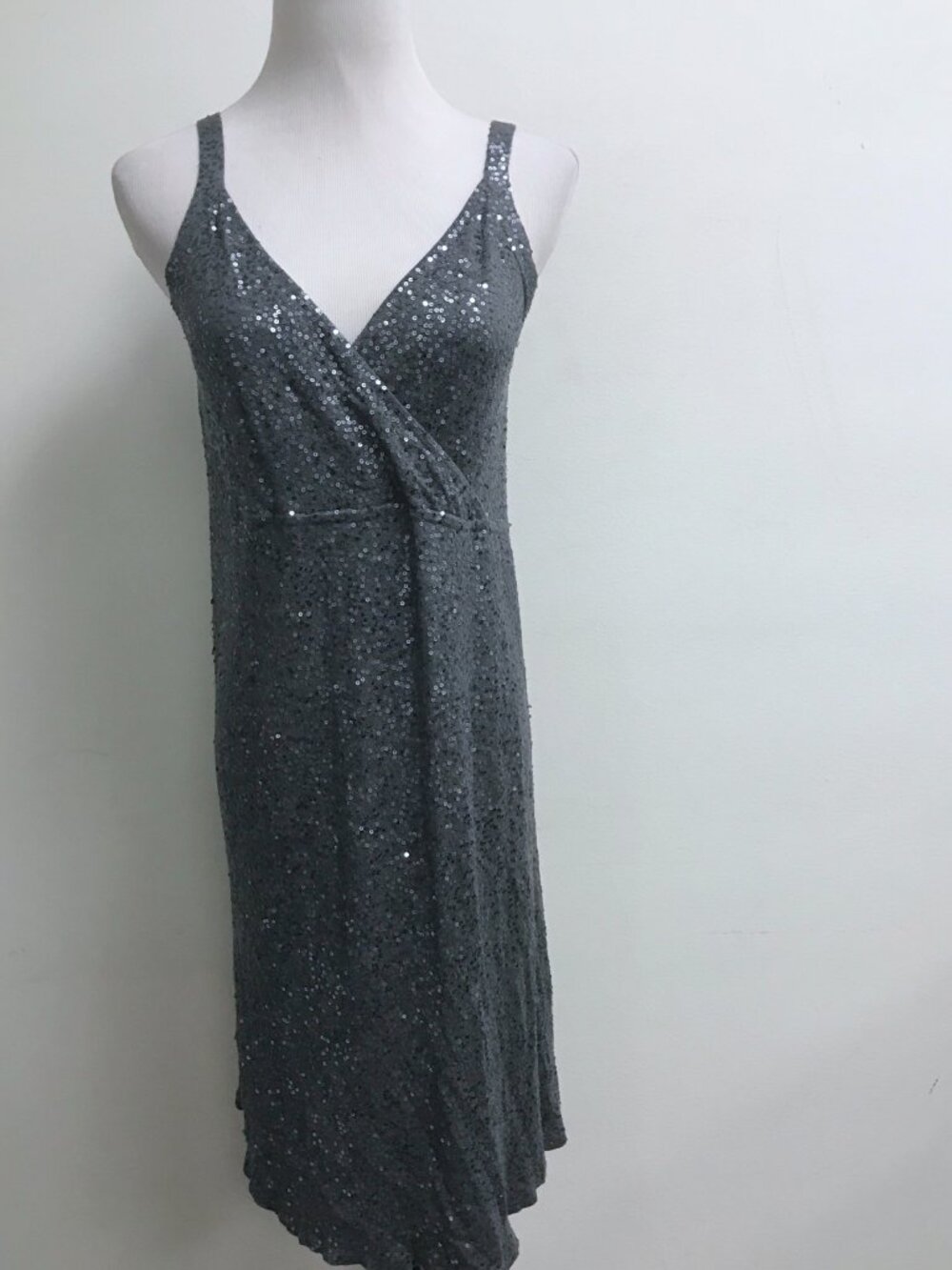 Eileen Fisher gray silver sequin surplice silk cotton party dress XS